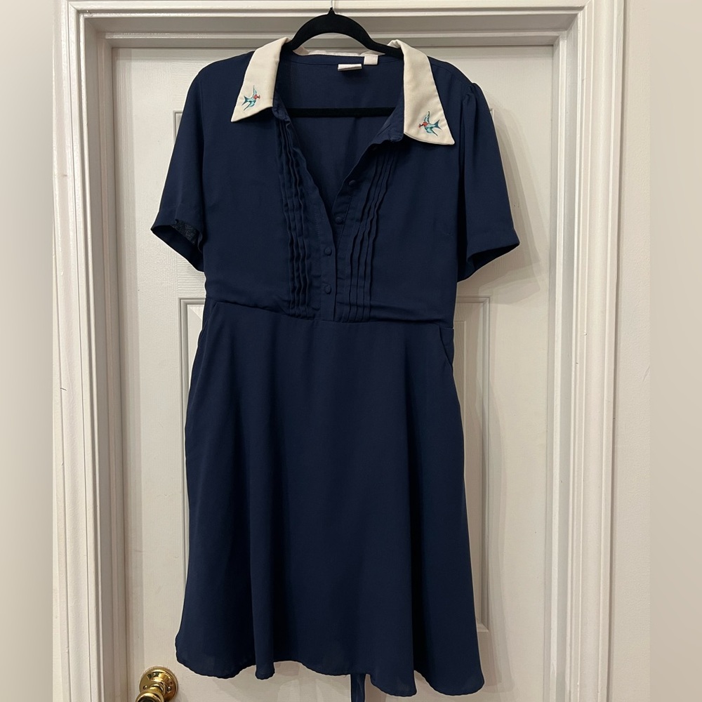 Navy Dress with Embroidered Collar
